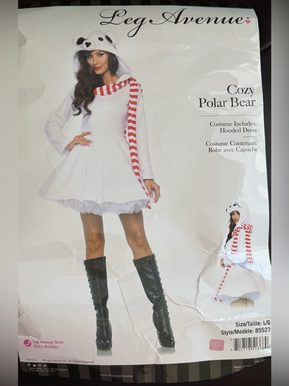 Leg Avenue Cozy Polar Bear Costume Hooded Dress Large Halloween Cosplay EUC